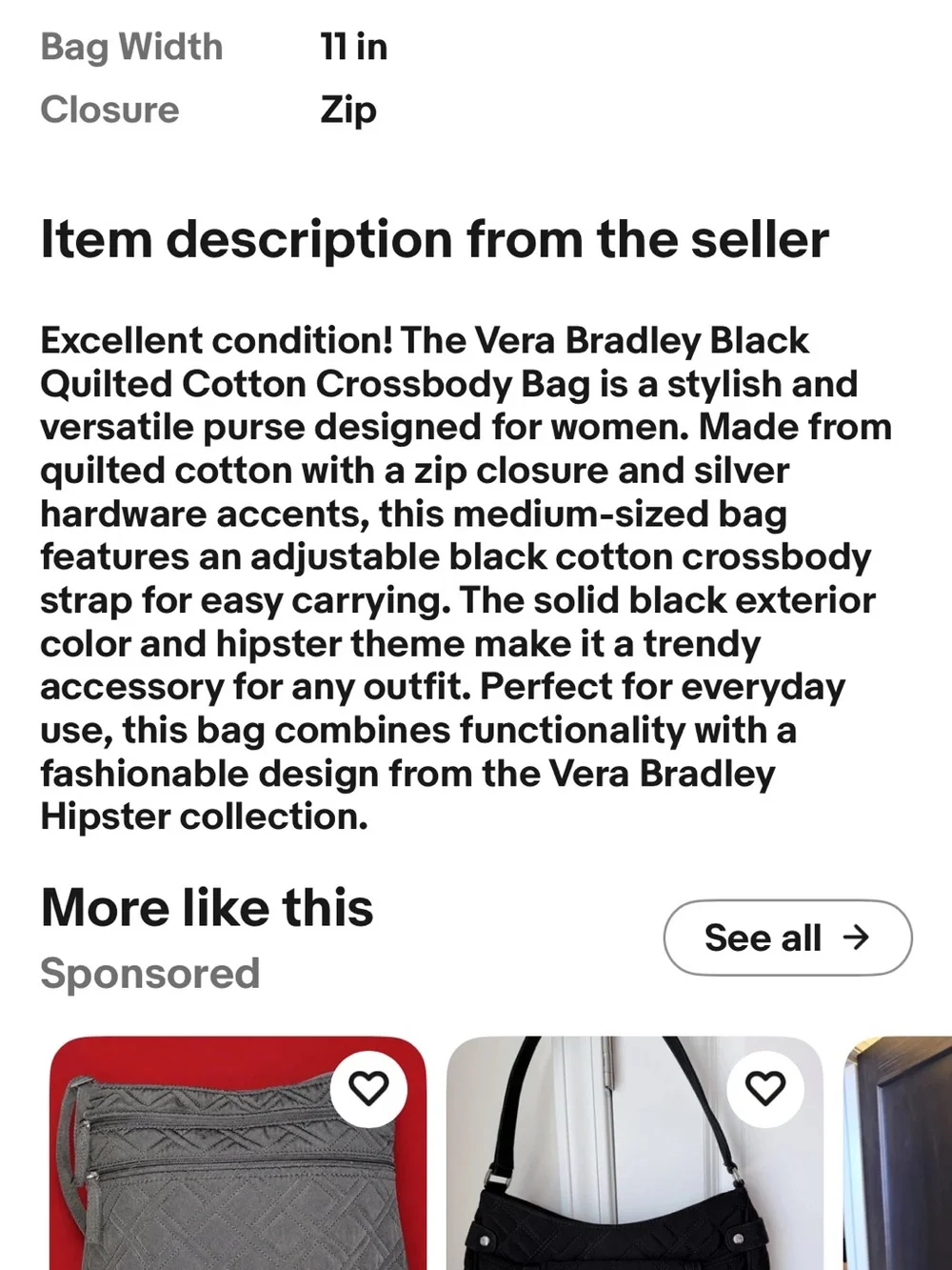 Black Vera Bradley quilted crossover 49 inch.  10 x 12x3 🖤